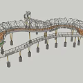 Winding Landscape Bridge with Curved Pathway Metal Structure and Stone Pillars