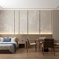 Modern Hotel Guest Room Featuring Light Wood Panel Wall White Floral Relief And Blue Headboard