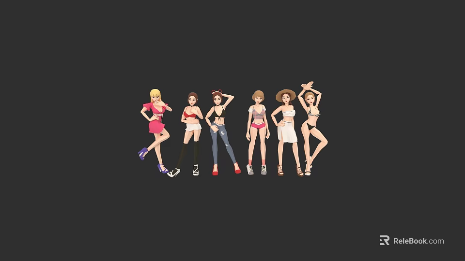 Women in Different Stylish Outfits Posing with Various Fashion Looks 3d model 