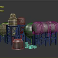 Industrial Storage Tanks And Metal Barrels With Steel Frames And Pipes