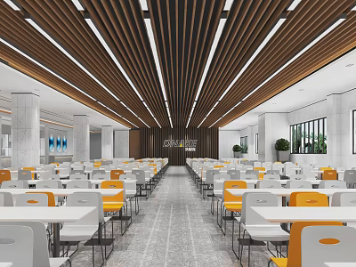 Spacious Modern Restaurant Interior With Wooden Ceiling Linear Lights Marble Floor And Green Plants 3d model