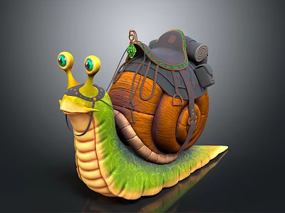 Snail Character Design With Green Body Yellow Eyes Brown Shell Black Backpack And Green Gem 3d model