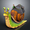 Snail Character Design With Green Body Yellow Eyes Brown Shell Black Backpack And Green Gem