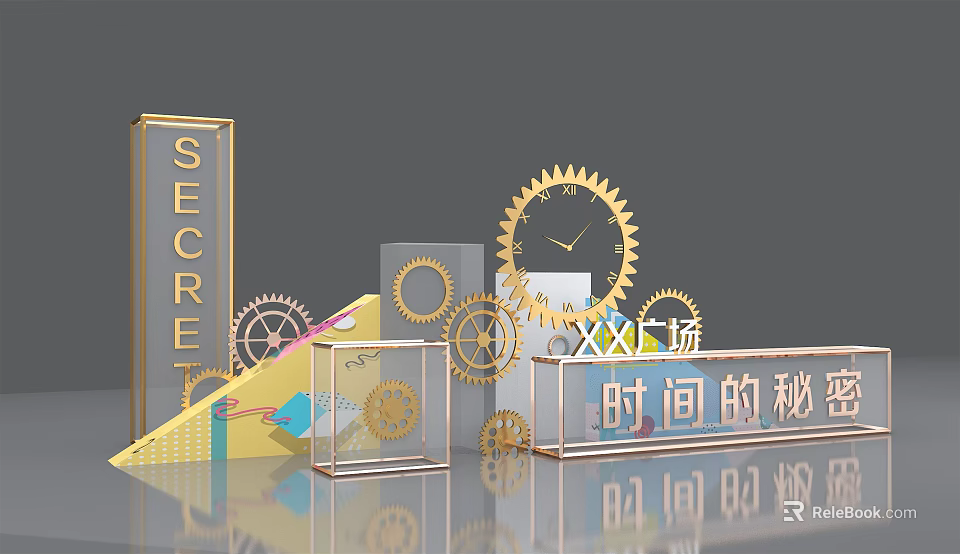 Time Secrets Themed Plaza Display With Gears And Secret Sign Elements 3d model