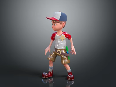 Child 3D Model Wearing Red White Blue Cap Red White Shirt Khaki Shorts Red Shoes 3d model