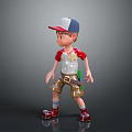Child 3D Model Wearing Red White Blue Cap Red White Shirt Khaki Shorts Red Shoes