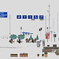 Urban Road Facilities With Direction Signs Traffic Lights Benches Umbrellas Trees And Flower Pots