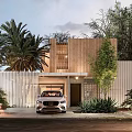 Modern Detached Villa With Wooden Facade Palm Trees Greenery And Car In Driveway
