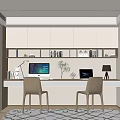 Modern Study Room With Desk Two Computer Monitors Chairs Bookshelves Window Blinds And Potted Plant