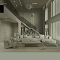 Comfortable Modern High Ceiling Living And Dining Room With Natural Wood Furnishings And Large Windows