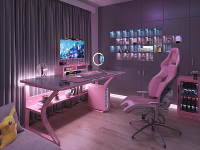 Modern Gaming Room Interior With Pink Desk Chair TV Shelves And Gray Curtains 3d model