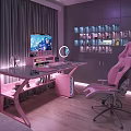 Modern Gaming Room Interior With Pink Desk Chair TV Shelves And Gray Curtains