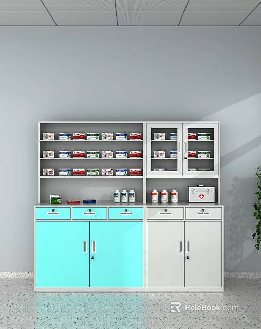 Blue And White Medicine Cabinet With Shelves Drawers Medicine Bottles And Boxes 3d model 