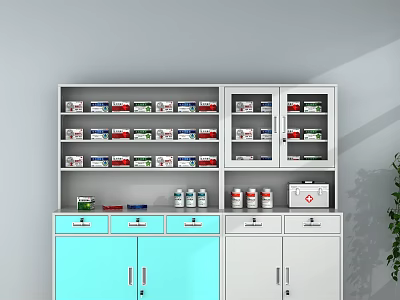 Blue And White Medicine Cabinet With Shelves Drawers Medicine Bottles And Boxes 3d model