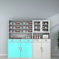 Blue And White Medicine Cabinet With Shelves Drawers Medicine Bottles And Boxes