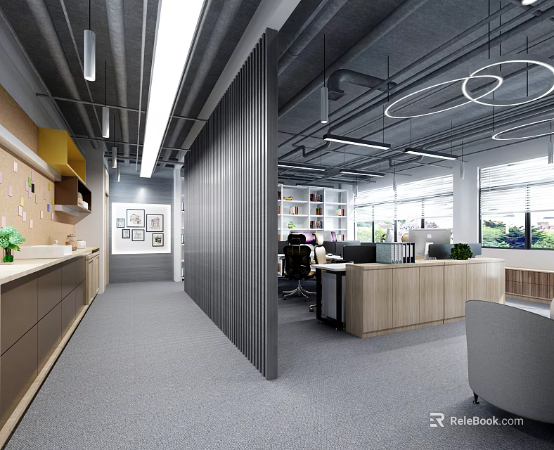 Modern Office Interior With Open Layout Workstations Bookshelves And Natural Light Windows 3d model