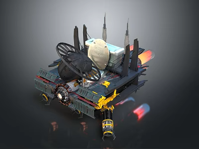 Futuristic Sci Fi Mechanical Structure With Rotating Parts And Flame Thrusters 3d model
