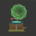 Vintage Gramophone With Green Decorative Horn And Wooden Base For Home Living Room Decor