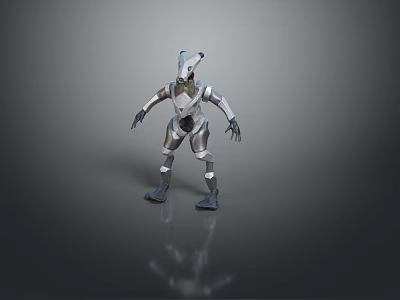 Silver Metallic Game Movie Robot Character with Mechanical Structure in Standing Pose on Reflective Surface 3d model