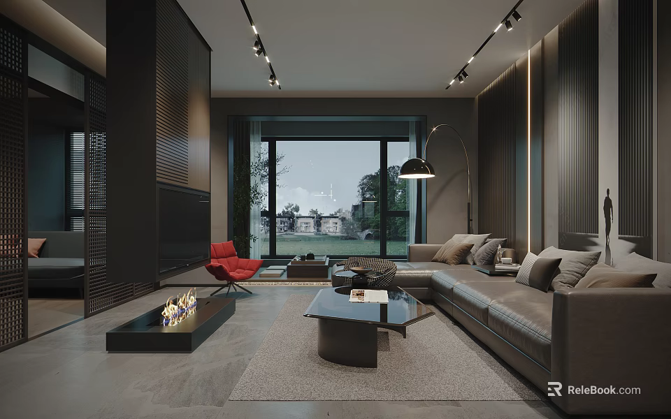 Modern Living Room With Gray Sofa Red Armchair Open Fireplace And Floor to Ceiling Windows 3d model 