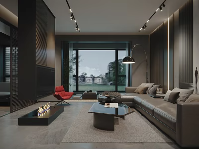 Modern Living Room With Gray Sofa Red Armchair Open Fireplace And Floor to Ceiling Windows 3d model