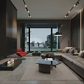 Modern Living Room With Gray Sofa Red Armchair Open Fireplace And Floor to Ceiling Windows