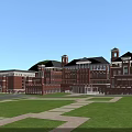 School Building Complex With Red Brick Clock Tower Green Lawn And Scenic Pathway 3d model