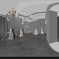 Elegant Bridal Shop Interior With Chandelier Pink Sofa Hanging Wedding Dresses And Columns