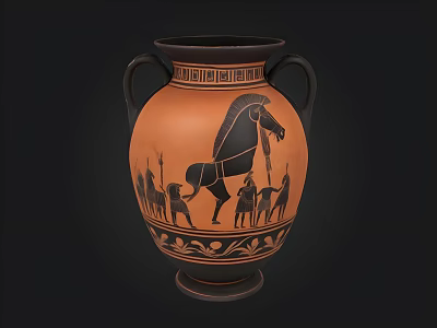 Ancient Greek Amphora With Black Figure Horse People Two Handles Decorative Patterns Orange Surface 3d model