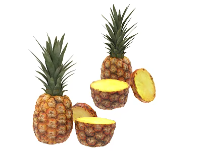 Fresh Ripe Pineapple Whole and Sliced with Juicy Yellow Flesh 3d model