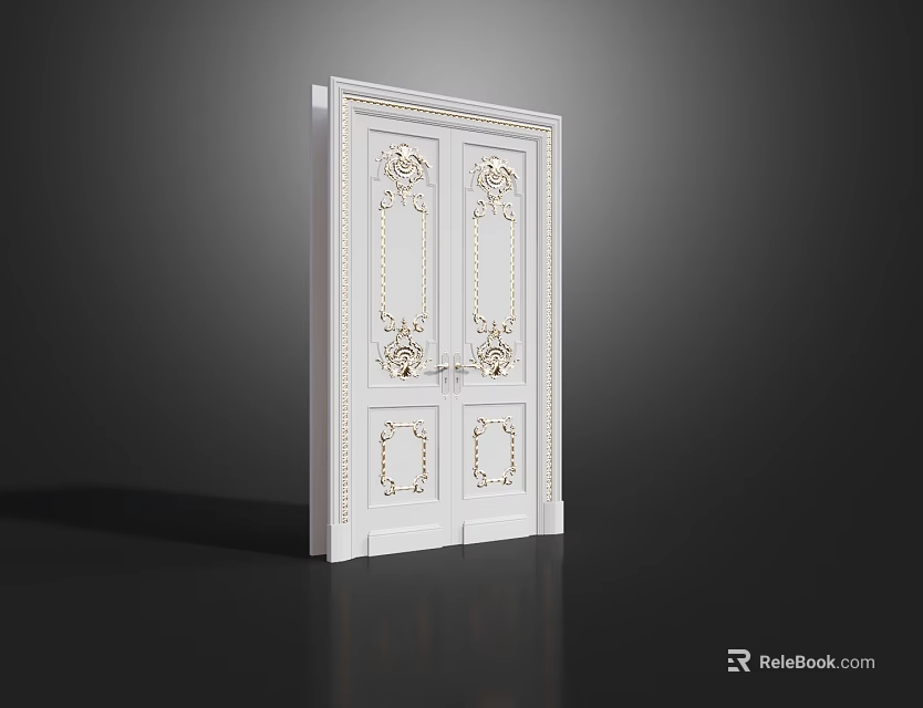 Elegant White Double Doors With Intricate Gold Carvings And Decorative Design 3d model 