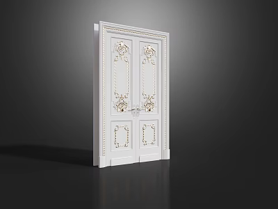 Elegant White Double Doors With Intricate Gold Carvings And Decorative Design 3d model