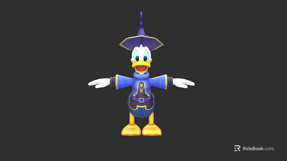 Cartoon Duck Character In Blue Outfit With Purple Wizard Hat And Open Arms 3d model 