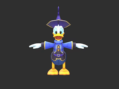 Cartoon Duck Character In Blue Outfit With Purple Wizard Hat And Open Arms 3d model