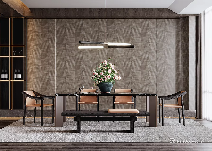 Modern Restaurant Interior With Open Dining Table Chairs Bench Pendant Light And Flower Vase 3d model 