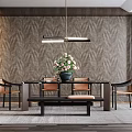 Modern Restaurant Interior With Open Dining Table Chairs Bench Pendant Light And Flower Vase