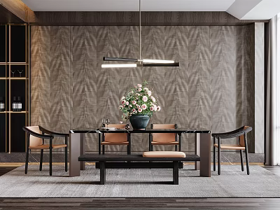 Modern Restaurant Interior With Open Dining Table Chairs Bench Pendant Light And Flower Vase 3d model