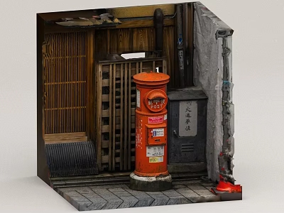 Traditional Japanese Street Corner With Red Postbox Wooden Sliding Door And Stone Pavement 3d model
