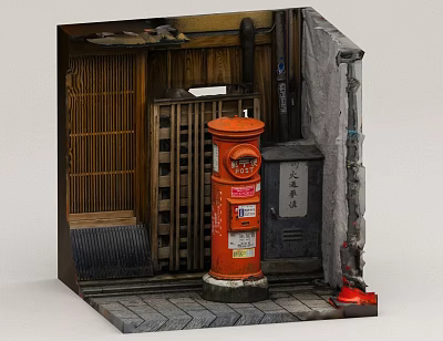 Traditional Japanese Street Corner With Red Postbox Wooden Sliding Door And Stone Pavement 3d model