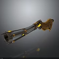 Silver Metallic Blaster Weapon With Long Cylindrical Body Yellow Accents And Brown Tassel Details
