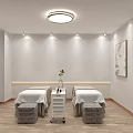 Modern Minimalist SPA Room Interior With Massage Beds Wooden Flooring Round Light And Mirrors