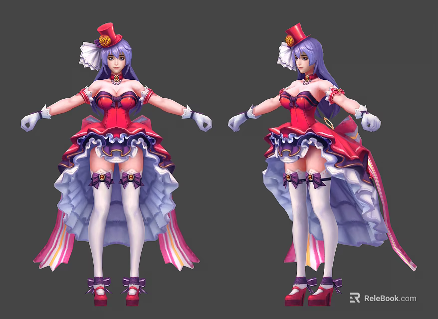 Vibrant Game Movie Character With Purple Hair Red Hat Pink Dress White Stockings And Gloves 3d model 