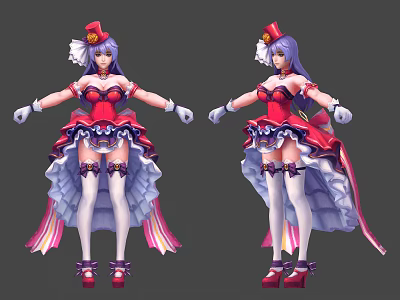 Vibrant Game Movie Character With Purple Hair Red Hat Pink Dress White Stockings And Gloves 3d model