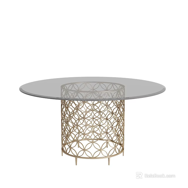 Round Glass Top Dining Table With Modern Golden Geometric Patterned Base Design 3d model