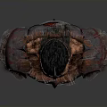 Suspended 3D Horned Demon Character With Fierce Expression Armored Shoulders And Glowing Red Base
