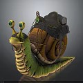 Snail Character Design With Green Body Yellow Eyes Brown Shell Black Backpack And Green Gem