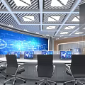 Modern Control Room Interior Design With Large Blue Digital Screen And Control Desks 3d model