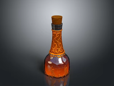 Daily Life Decorative Bottle With Cork Stopper Carved Patterns And Orange Liquid Inside 3d model
