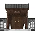 Traditional Chinese Entrance Gate With Stone Lions Carved Wooden Doors And Brick Walls