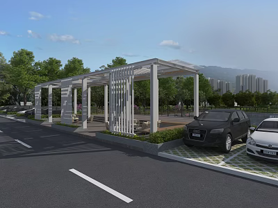 Modern White Pergola With Lattice Structure Near Parking Lot And Green Trees 3d model
